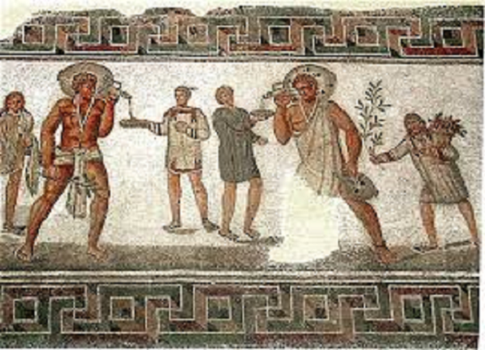 Roomalainen mosaiikki, joka kuvaa orjia kantamassa viinitynnyreitä. Tunisiasta löydetty mosaiikki 200-luvulta. 